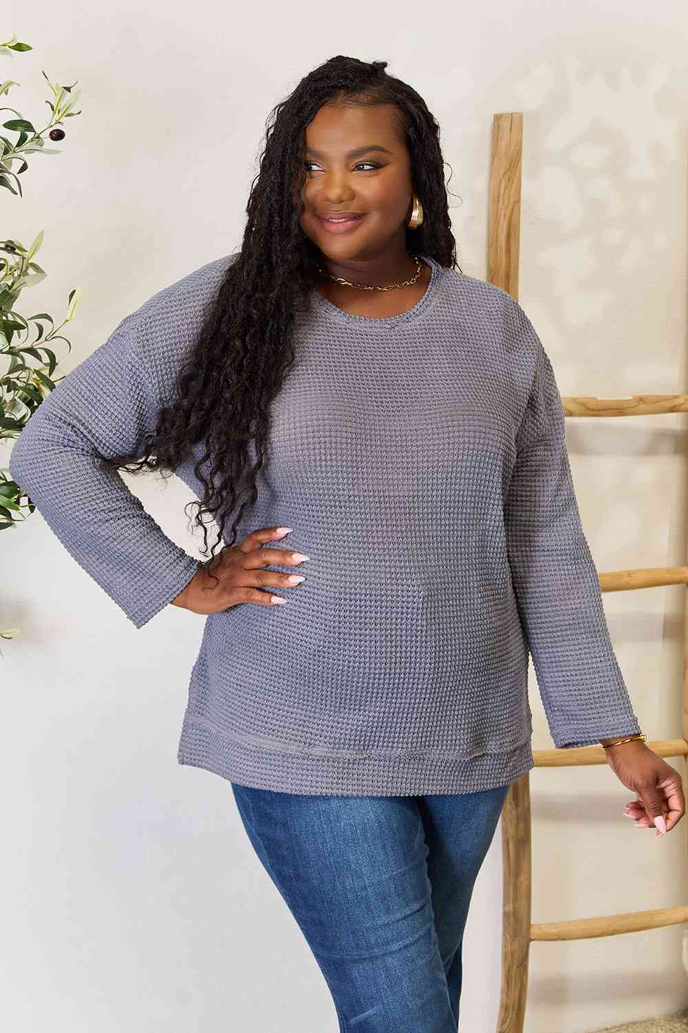 Not Basic Bae Waffle-Knit Sweatshirt