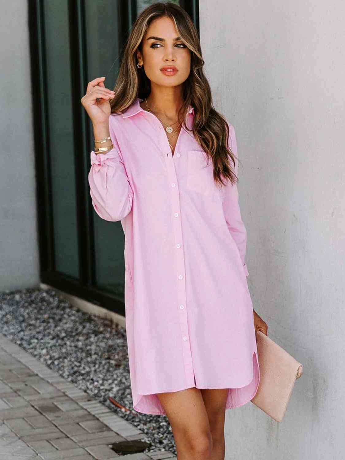 Collared Neck Long Sleeve Shirt Dress