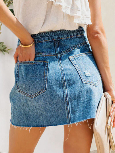 Distressed Raw Hem Denim Skirt