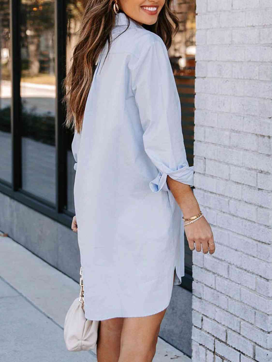 Collared Neck Long Sleeve Shirt Dress