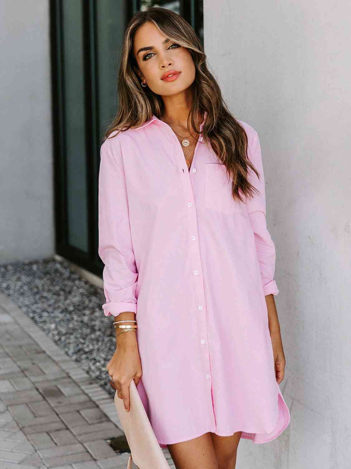 Collared Neck Long Sleeve Shirt Dress