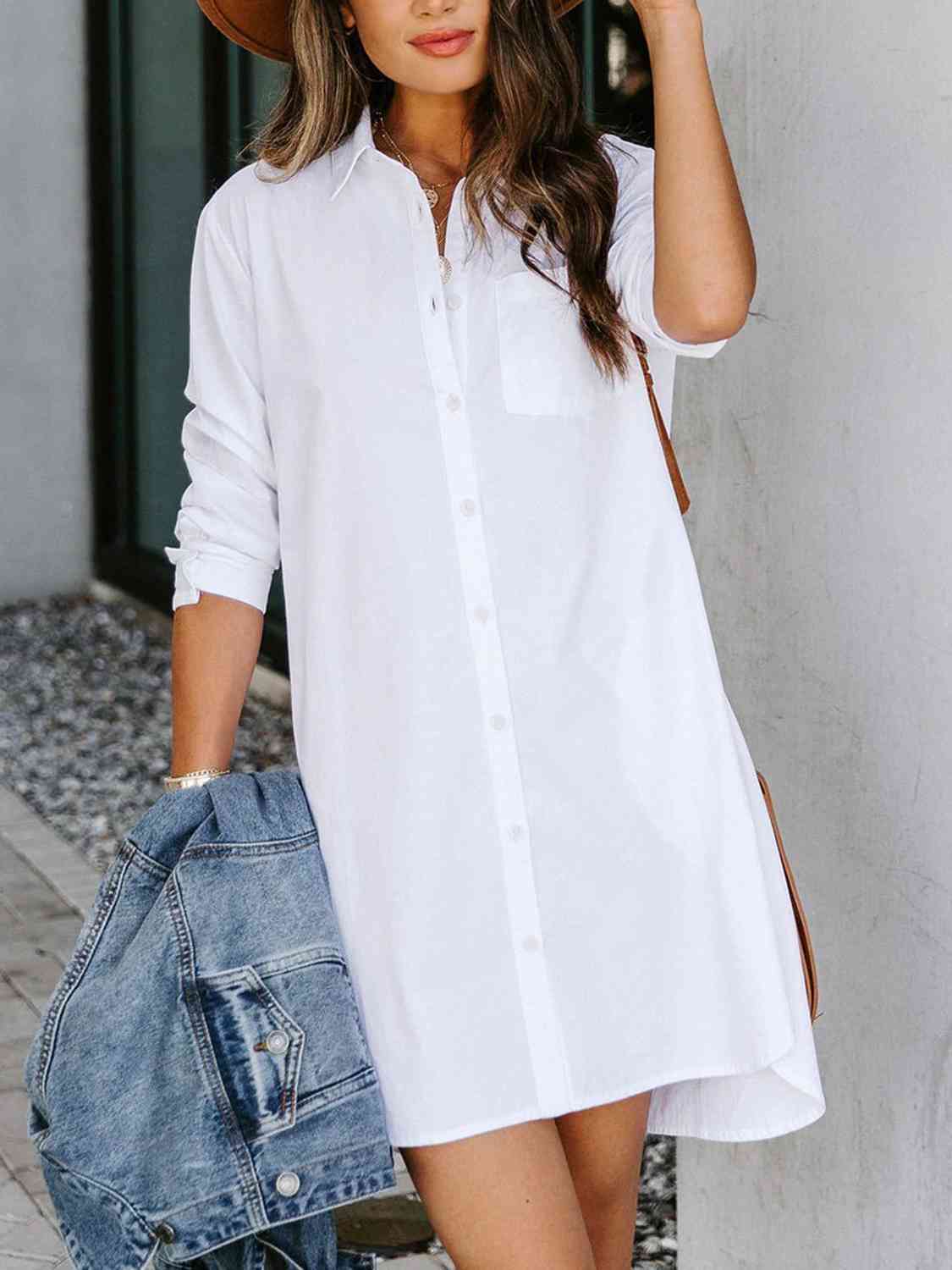 Collared Neck Long Sleeve Shirt Dress